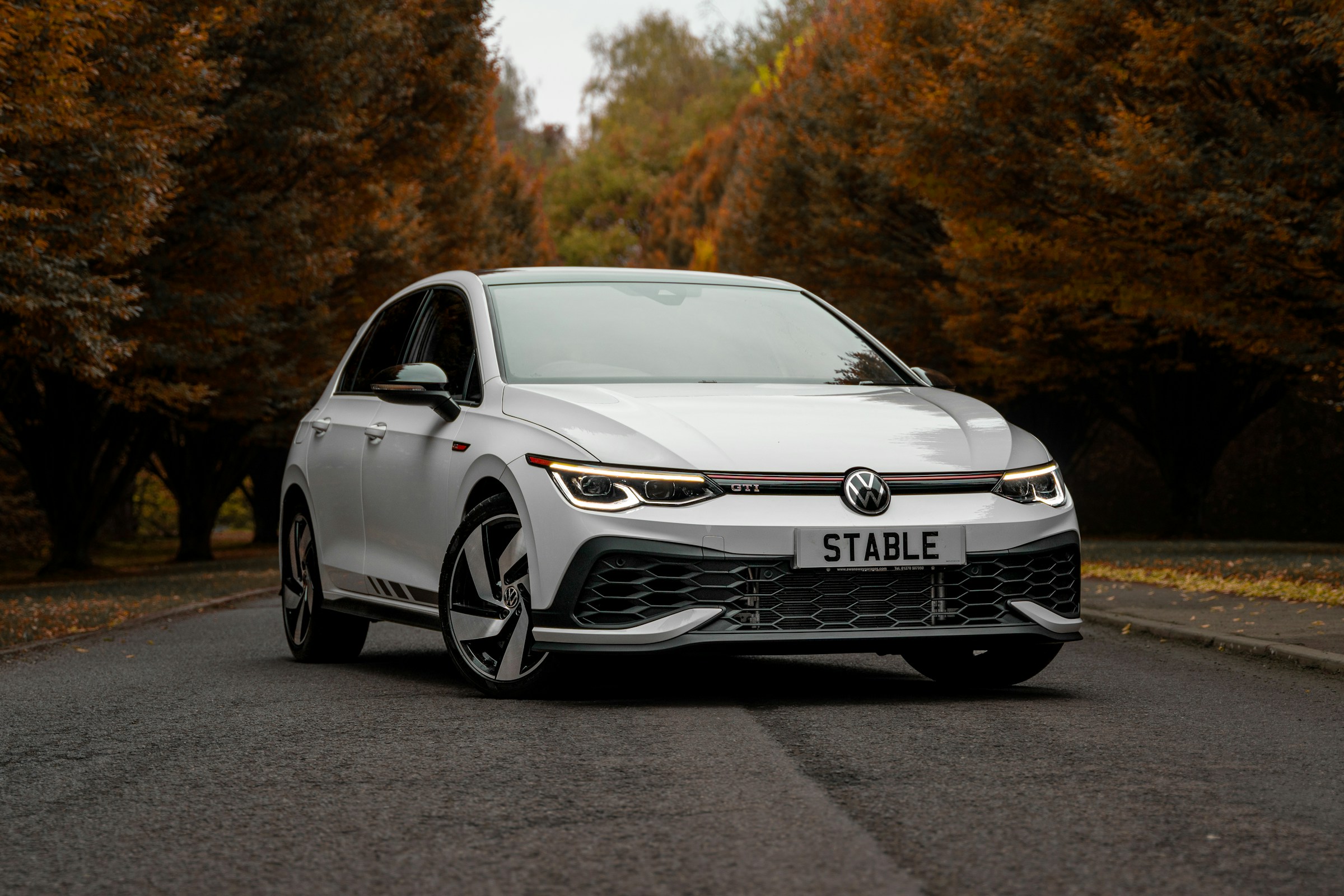 White Mk8 Volkswagen Golf GTI Clubsport on a tree-lined road in autumn